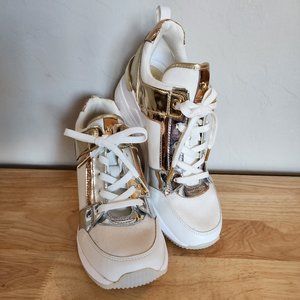 Michael Kors Georgie Canvas Gold Silver Mirror Wedge Sneakers Size 7.5